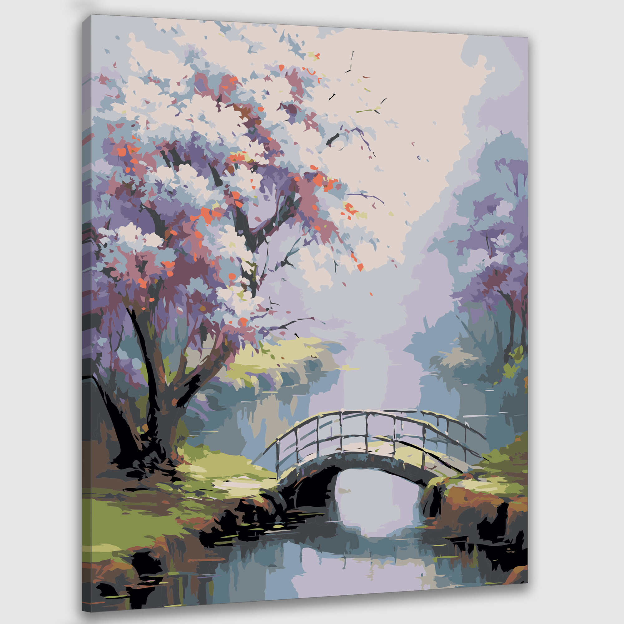 Картина по номерам 50х40 "Пейзаж с каменным мостом и расцветшими деревьями"