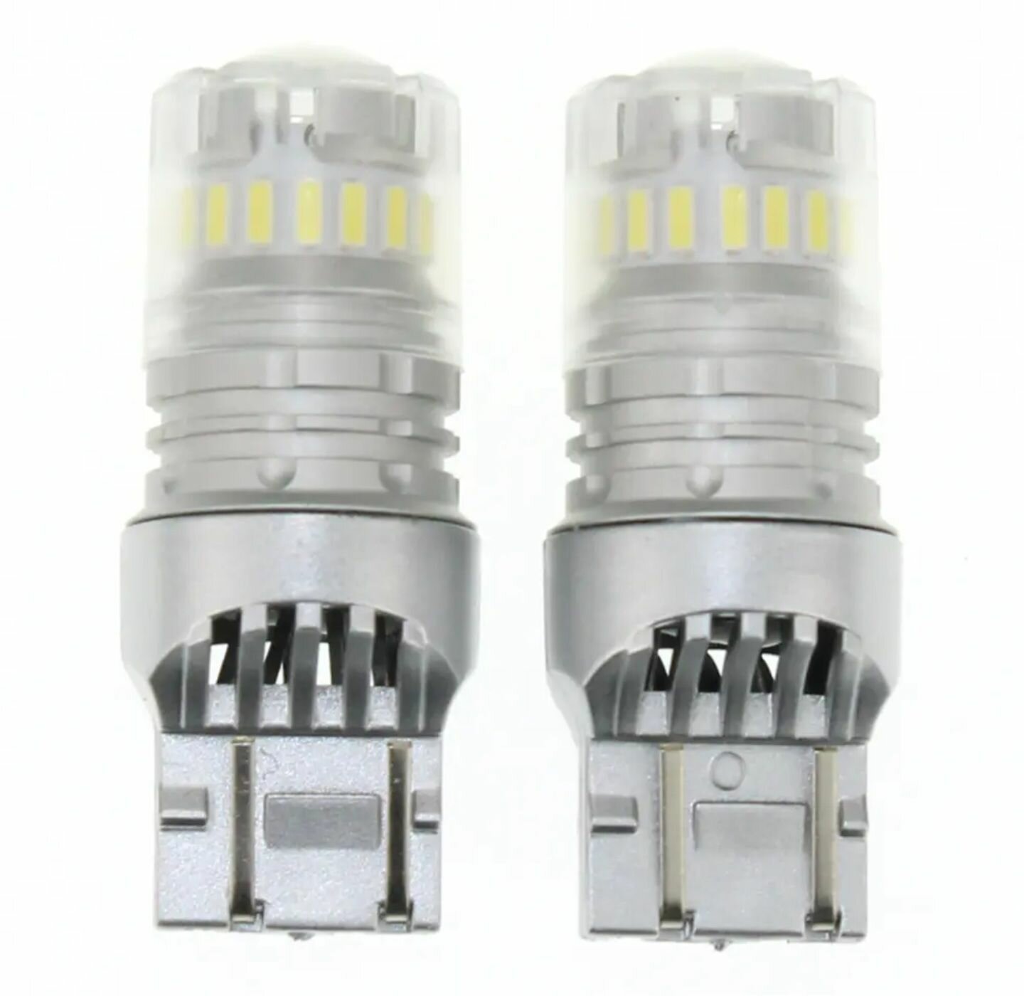 Лампа светодиодная (2шт.) Двухконтактная T20, 7443, W21W/5W, 12-24V, 18+5SMD. Желтый свет. Canbus. Для подсветки габаритов, задний ход, ДХО.