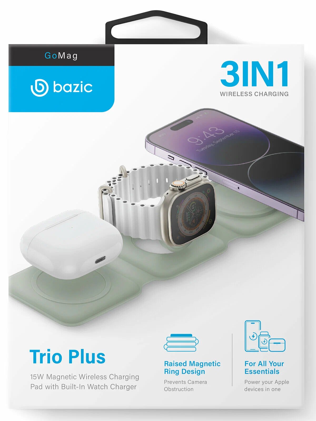EnergEA Беспроводное СЗУ Bazic GoMag Trio PLUS magnetic wireless foldable 15W Sage