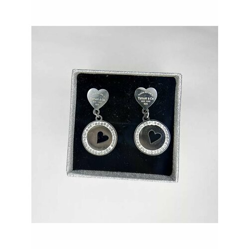 Серьги пусеты Stainless steel, циркон, кристалл, размер 30 мм, серый, серебряный