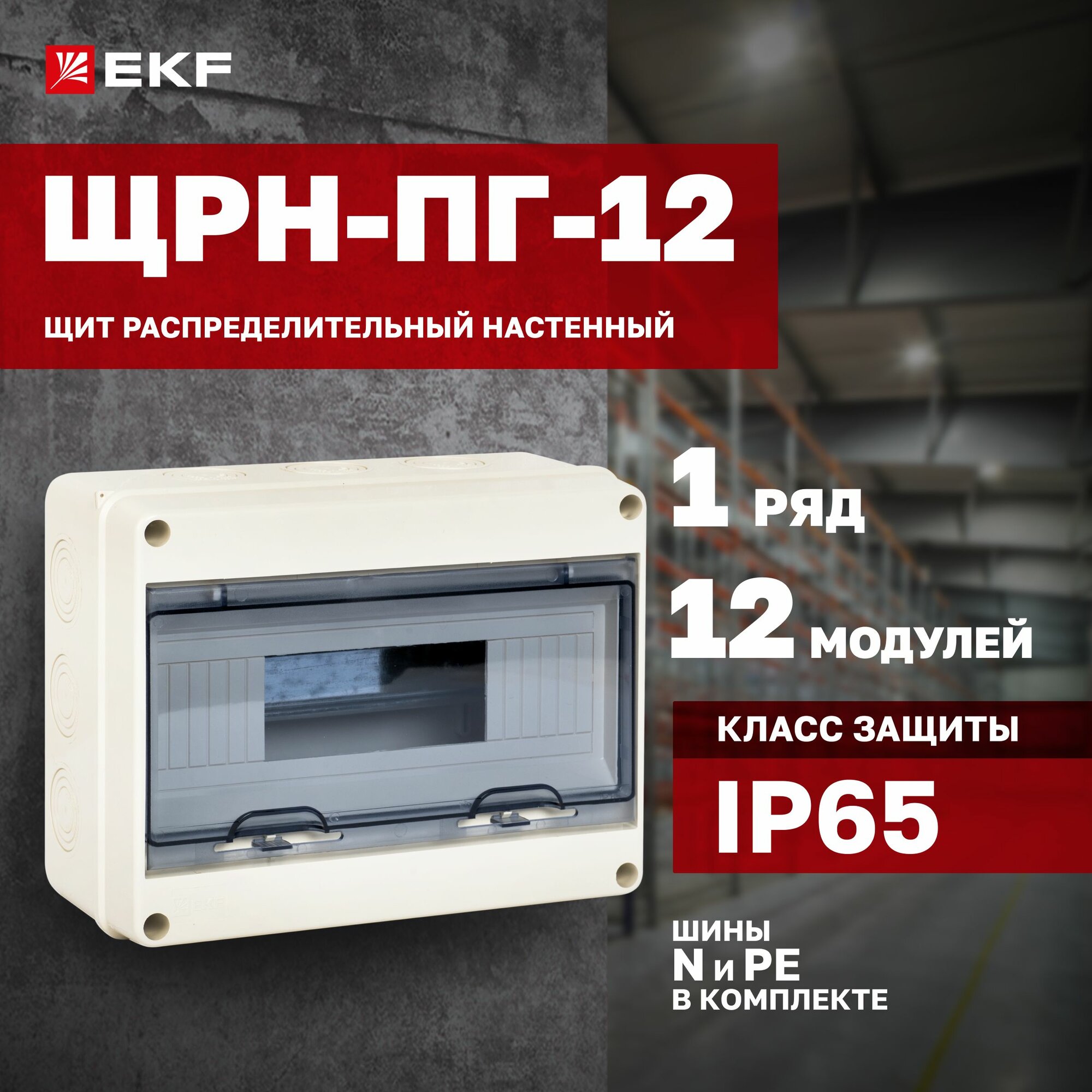 Щиток (бокс) электрический для автоматов на 12 модулей, DIN-рейка, 1 ряд плюс шины N и PE, IP65 - щит распределительный навесной пластиковый герметичный ЩРН-ПГ-12 (198х254х106) EKF PROxima