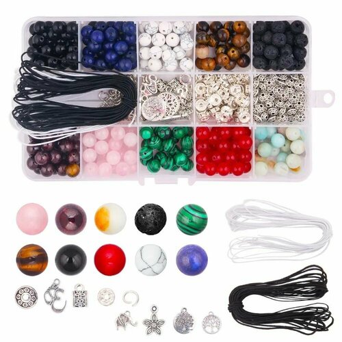 Набор бусин из полудрагоценных камней и минералов для рукоделия, 418 элементов.
