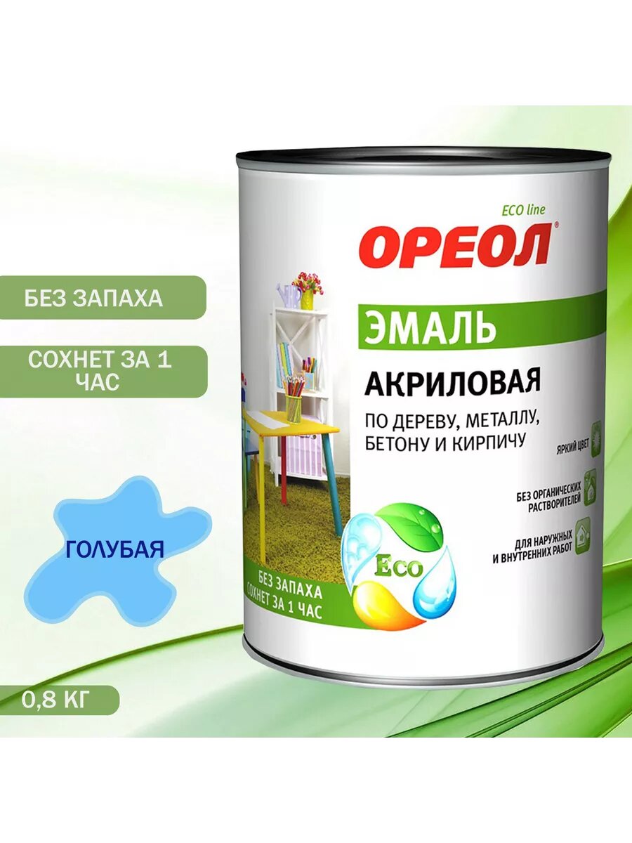 Эмаль универсальная акриловая Ореол глянцевая голубая 0,9 кг.