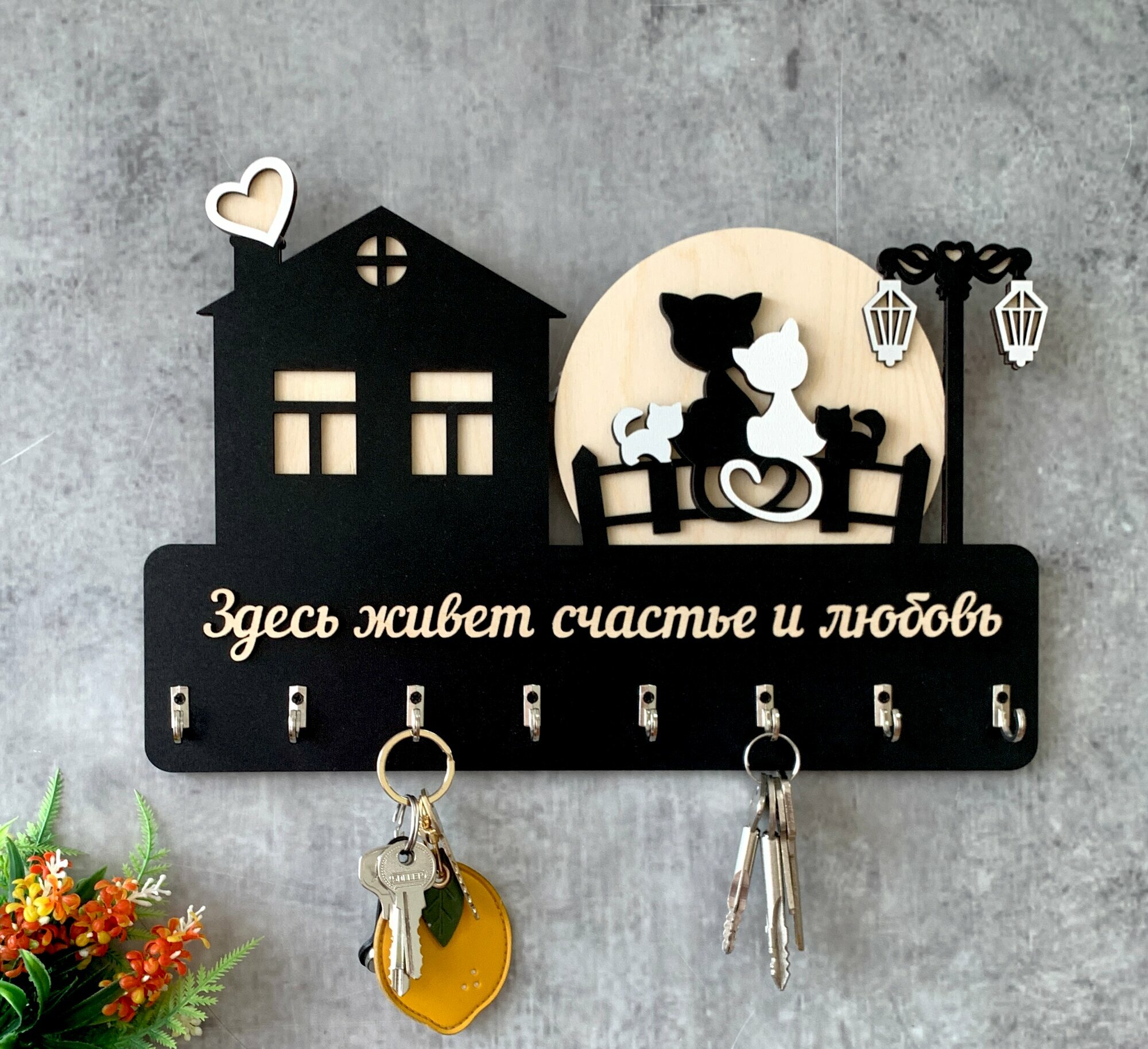 фото Ключница настенная "Котики на закате" Home Decor + подарок деревянная подкова