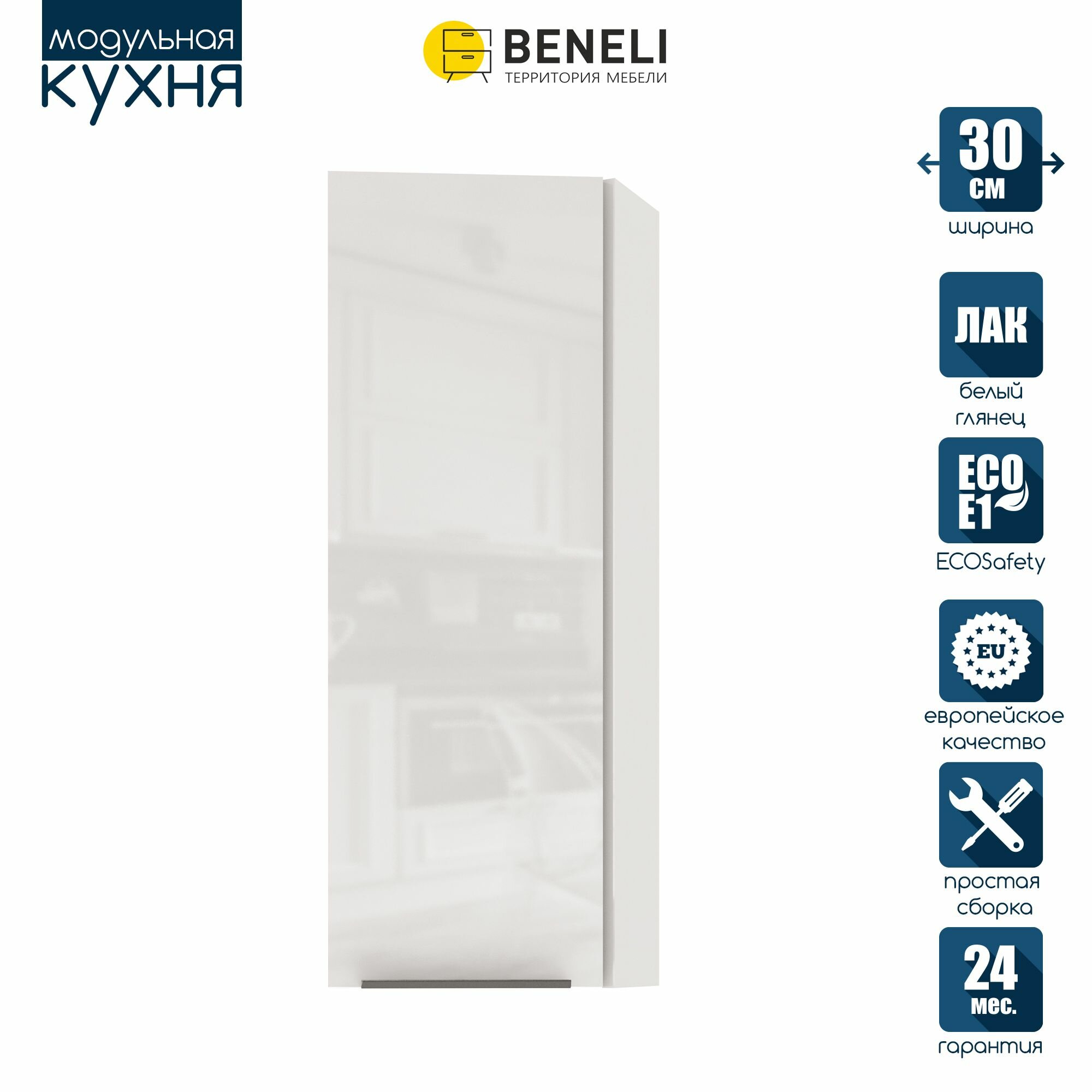Кухонный модуль навесной торцевой Beneli Color распашной высокий Белый глянец/Белый 30х312х96 см