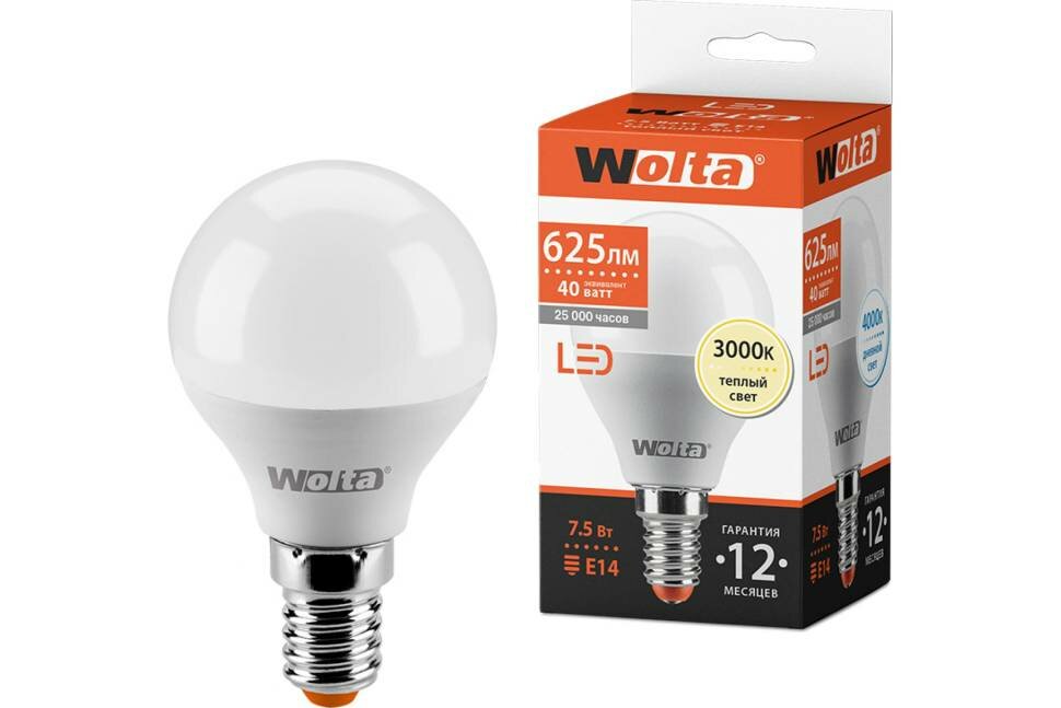 Лампа Wolta ШАР 7.5 Вт LED 3000K 25Y45GL7.5E14