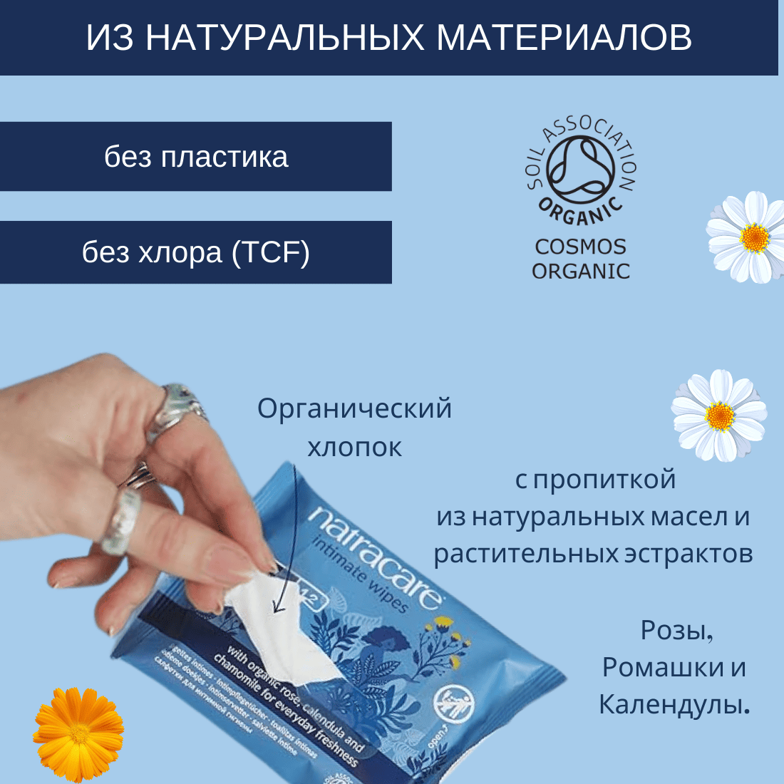 Изображение Влажные салфетки для интимной гигиены Natracare, 100 % хлопок, 12шт