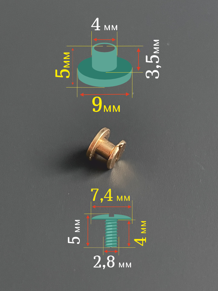 Винт ременной 9х5 мм, болт для ремня, винт Чикаго 5 мм, золотистый, 10шт. — фото 1