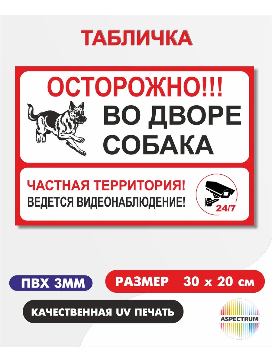 Табличка "Осторожно во дворе собака ведется видеонаблюдение" 30*20см