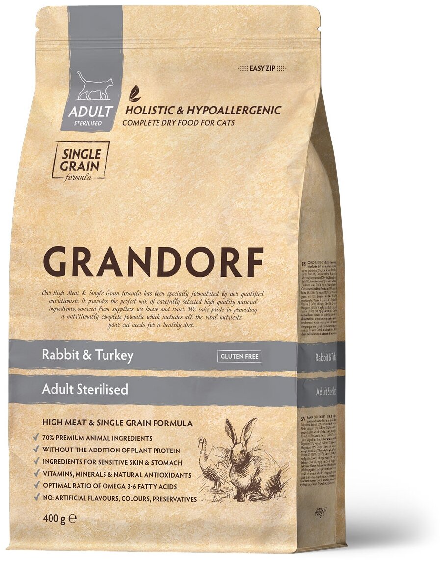 Grandorf, Rabbit & Turkey, Корм для стерилизованных кошек, С кроликом и индейкой, 400г