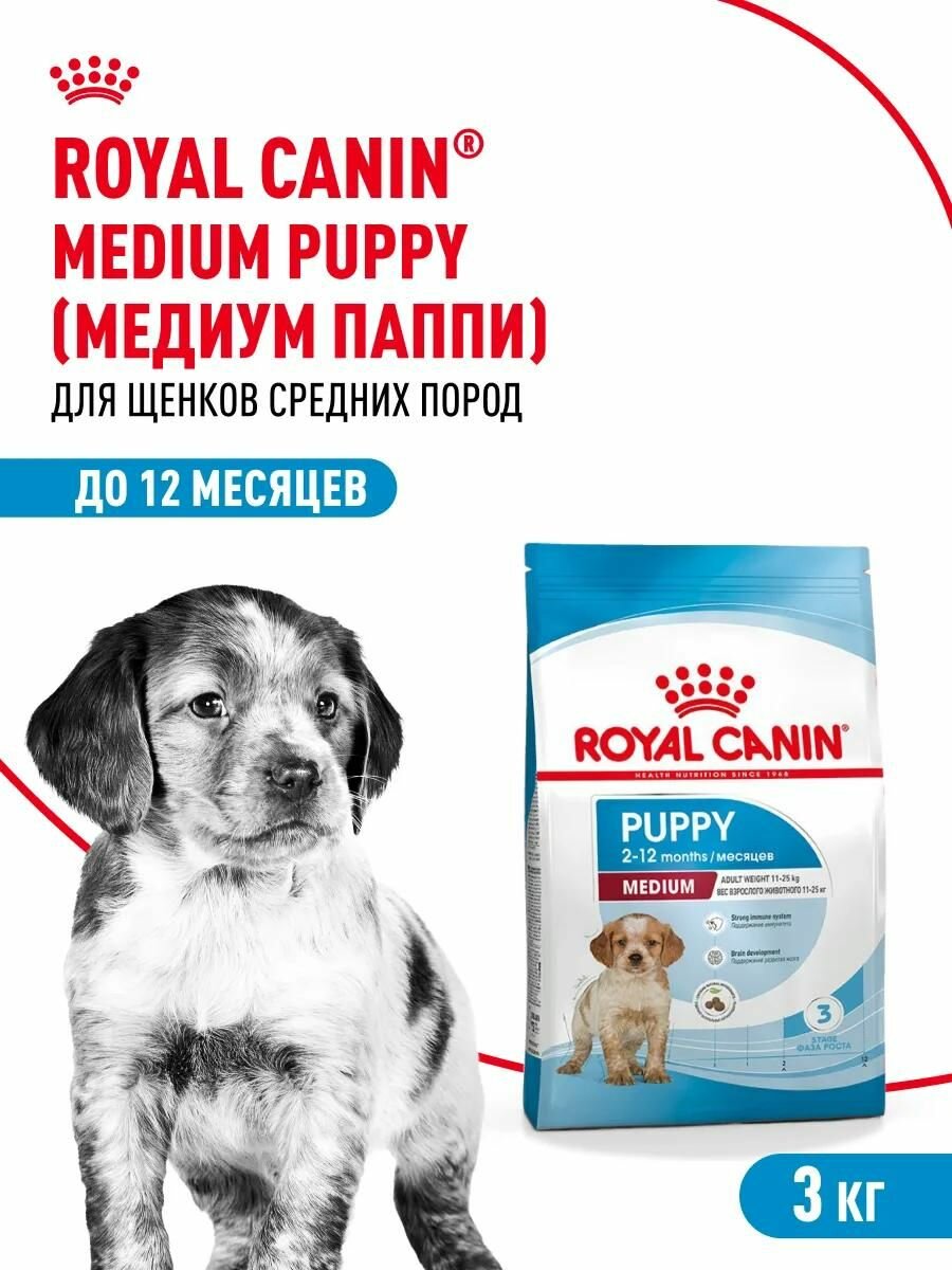 Корм сухой для щенков средних пород в возрасте до 12 месяцев Royal Canin Medium Puppy, 3 кг