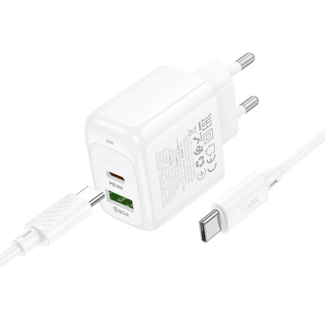 Сетевое зарядное устройство, 1 PD 30W + 1 USB 3.0 QC (CS55A), HOCO, Type-C to Type-C, белый — фото 1
