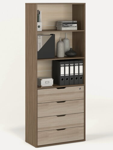 Изображение товара Стеллаж БАНГА-36 Ясень темный - Ясень светлый, с ящиками и открытой полкой, (ВхШхГ) 177,2х69,8х32,6 см, ЛДСП