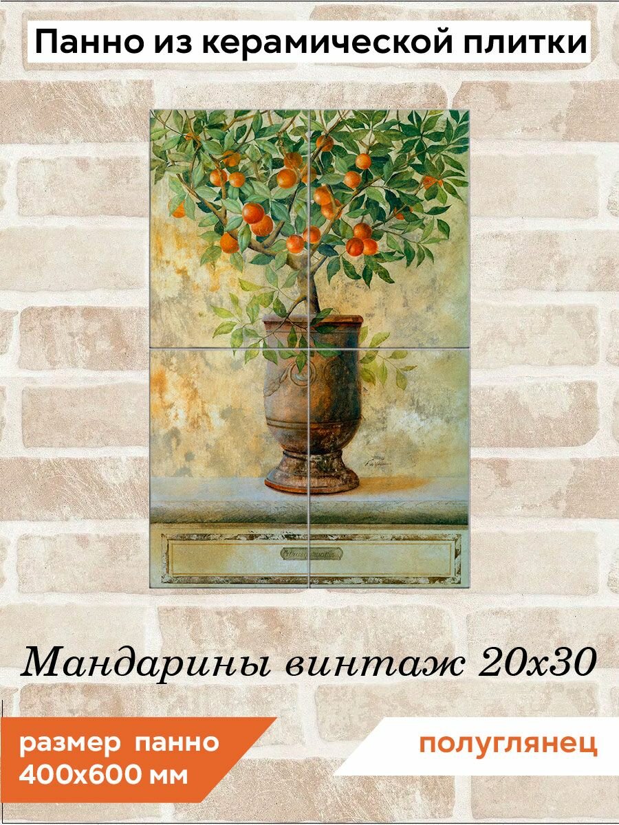 Панно из плитки Fres-co "Мандарины винтаж 20х30", керамическое, декоративное, полуглянцевое, 40х60 см