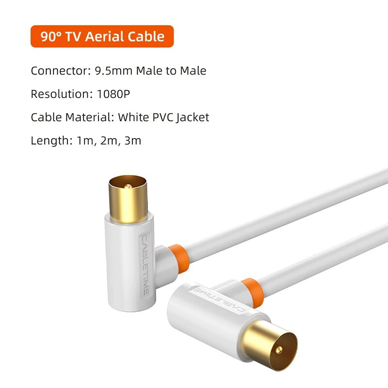 CABLETIME ТВ-кабель 90 градусов ТВ-линия спутниковая антенна кабель 1080P M/M 3C2V Кабель для HD-антенны TV STB Video Line, White 2M 90degree