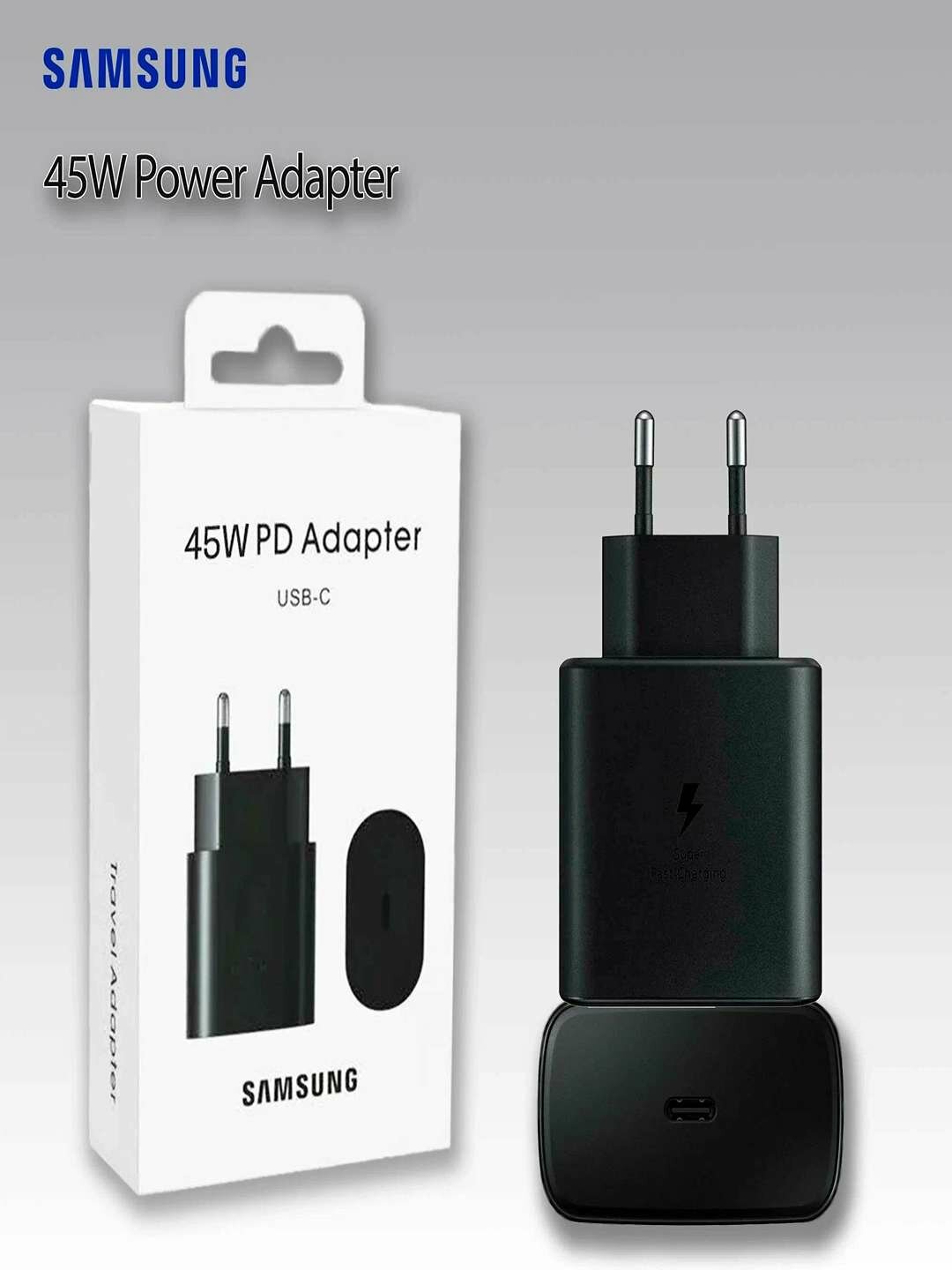 Сетевой зарядный адаптер USB-C PD 45W чёрного цвета для быстрой зарядки устройств.