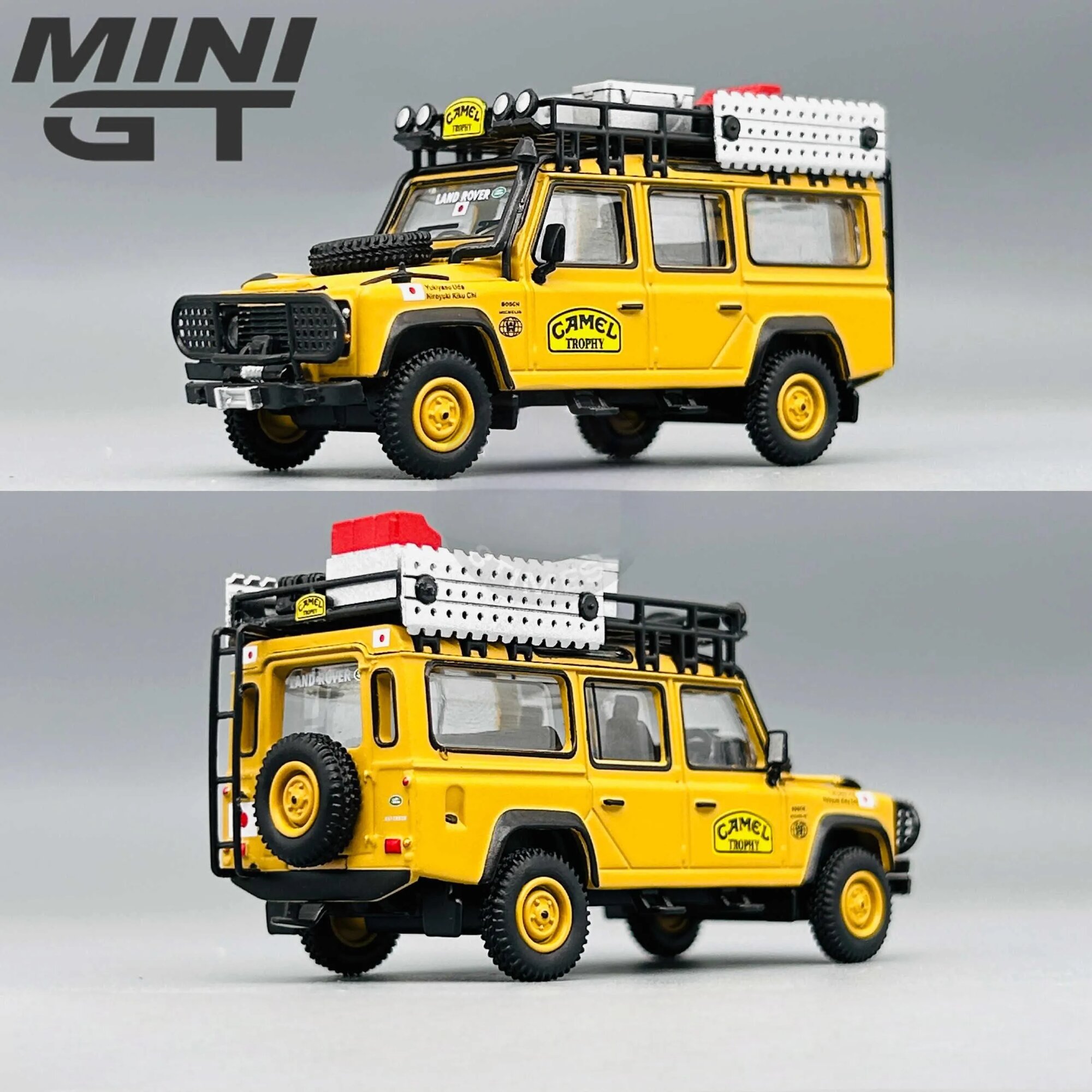 Машинка MINI GT 1/64 Land Rover Defender 110 1989 Camel Trophy
