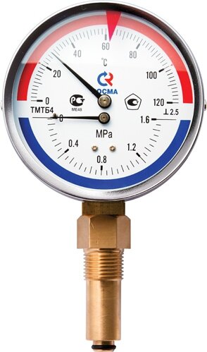 фото Термоманометр ТМТБ-31Р 80мм с нижним подключением 1/2", 10 бар 0-150