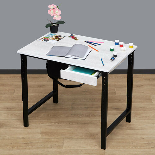 Регулируемый по высоте стол с ящиком Мадий 15С ш86/г70/в61-91 сосна битон белый/черный на металлокаркасе