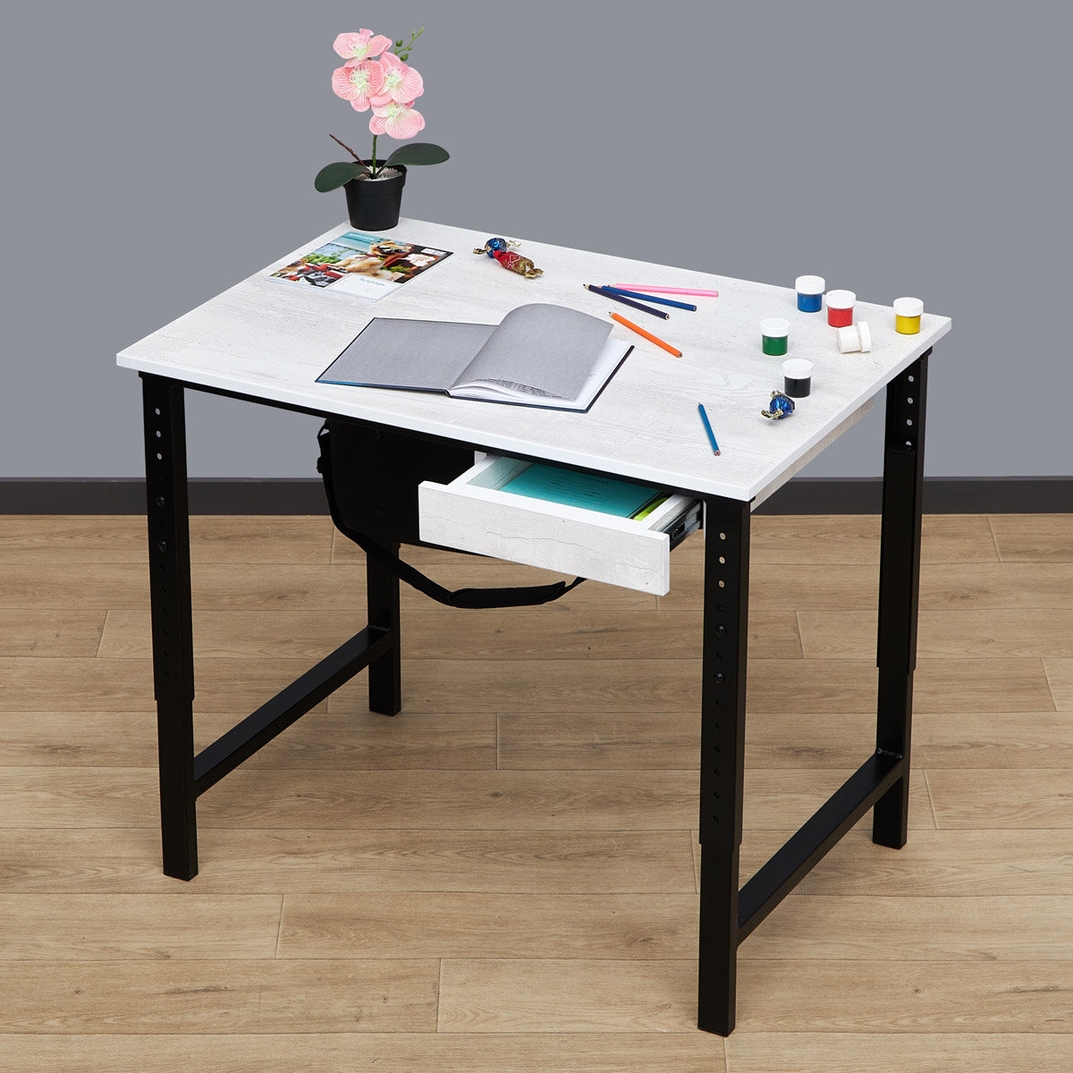 фото Регулируемый по высоте стол с ящиком Мадий 15С ш86/г52/в61-91 сосна битон белый/черный на металлокаркасе