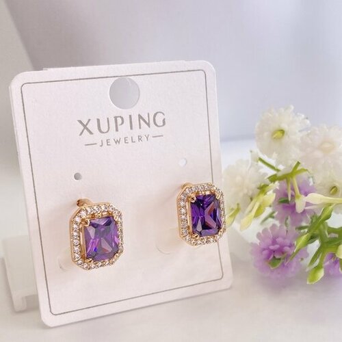 фото Серьги xuping jewelry, фианит, размер/диаметр 12 мм., золотой, фиолетовый