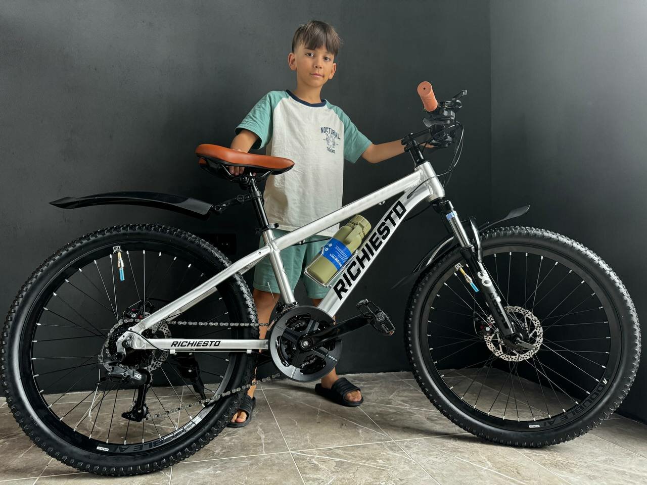 Велосипед RICHIESTO 24" Алюминиевая рама 14" Горный Для детей и подростков Для девочек Спортивный, серебро с коричневым