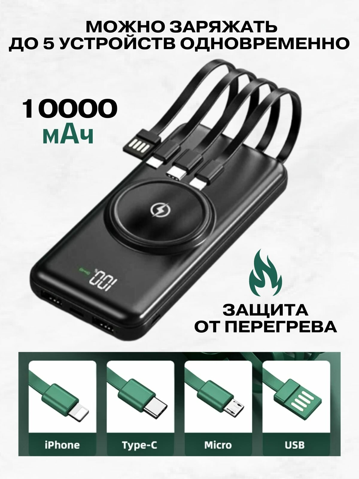 Повербанк с беспроводной зарядкой 10000mAh Power Bank и встроенными кабелями