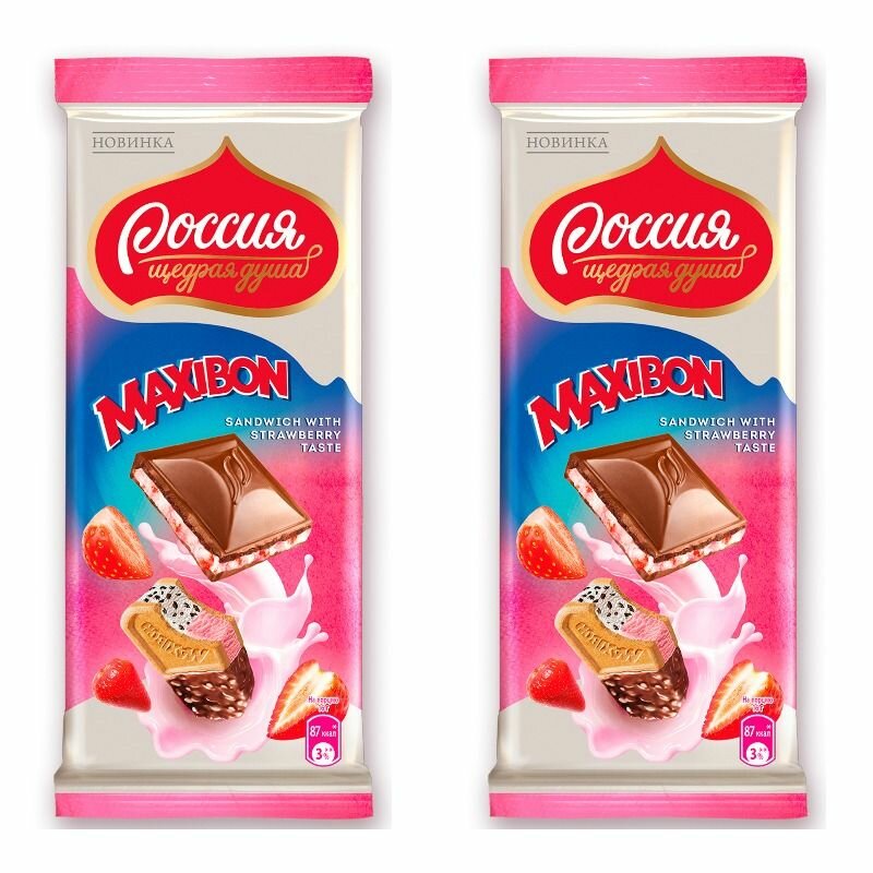 Россия - Щедрая душа Молочный шоколад со вкусом клубники Maxibon, 80г, 2шт