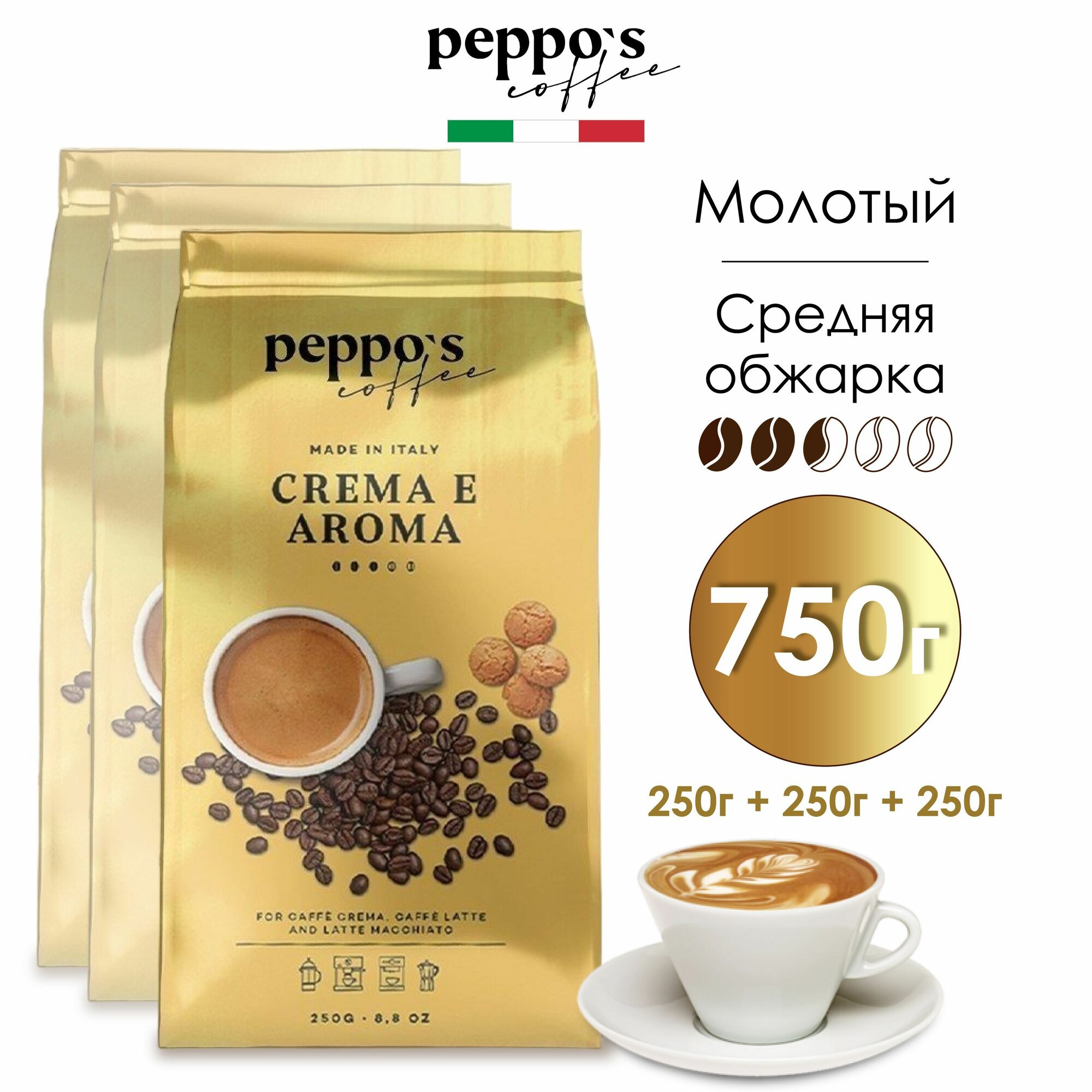 Кофе молотый PEPPO'S Crema E Aroma 750 г арабика + робуста, натуральный итальянский жареный, средней обжарки для заваривания в чашке, гейзерной и капельной кофеварке, набор 3 упаковки по 250 гр