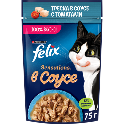 Корм влажный для взрослых кошек FELIX Sensations Треска в соусе с томатами, 75г