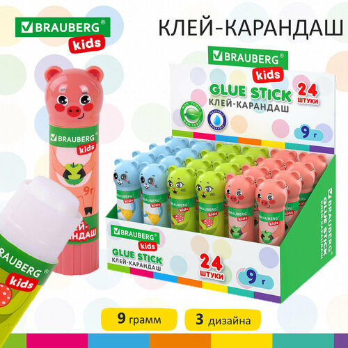 Клей-карандаш Зверята: кошка, мышка, хрюшка, 9 г, фигурный колпачок, BRAUBERG KIDS, 271138 упаковка 24 шт.