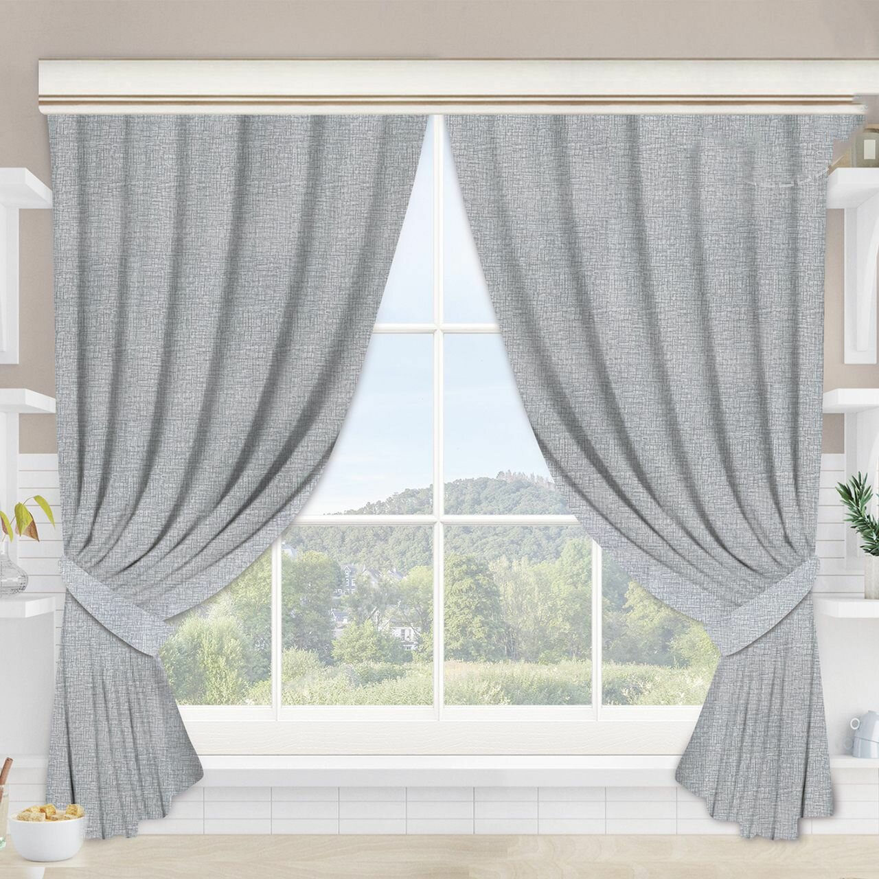 фото Шторы для кухни с подхватом «Лен серый» рогожка (Шторы (145*180) 2 шт.)