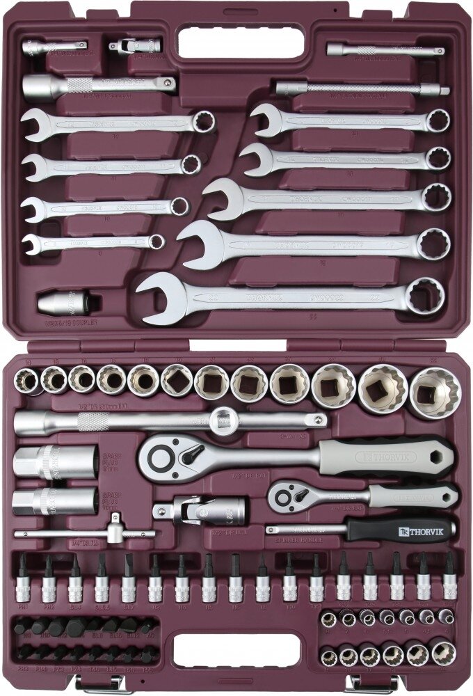 Набор инструмента 1/4", 1/2"DR, 82 предмета Thorvik TS082/12, 54008, с торцевыми 12-гранными головка