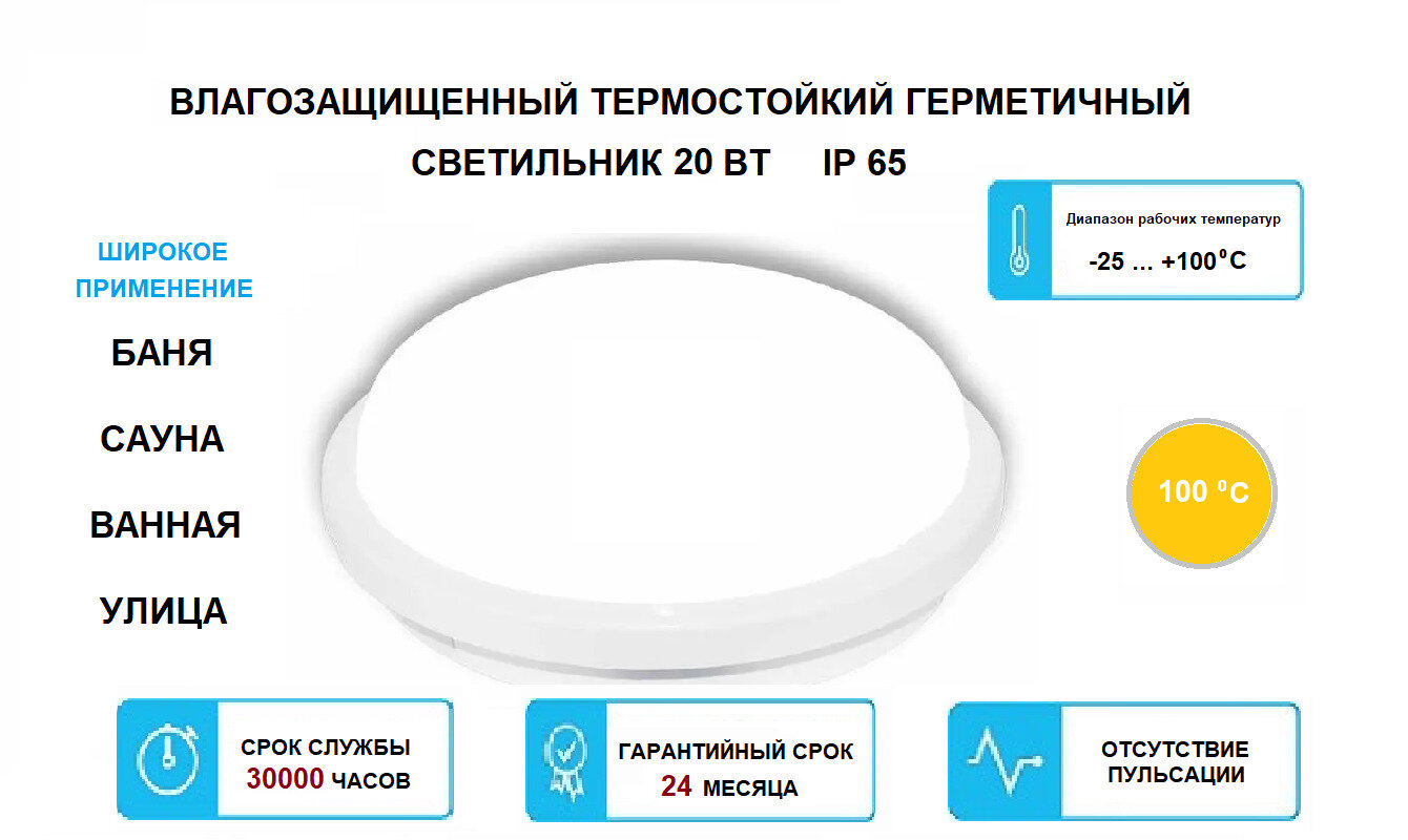 Светильник настенно-потолочный светодиодный IP65, 20Вт, для бани и сауны, ванной, уличный, термостойкий, герметичный, круглый, LEEK