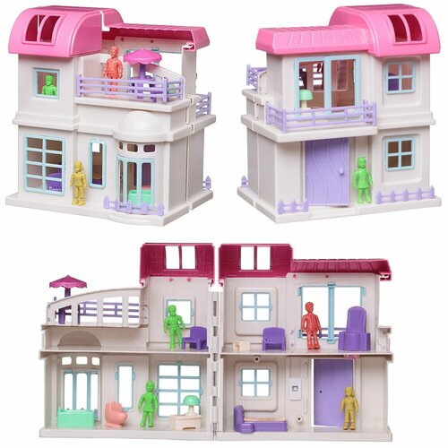 Дом кукольный Junfa Вилла складная бело-розовая с фигурками и игровыми предметами 08979/бело-розовая кукольный домик вилла
