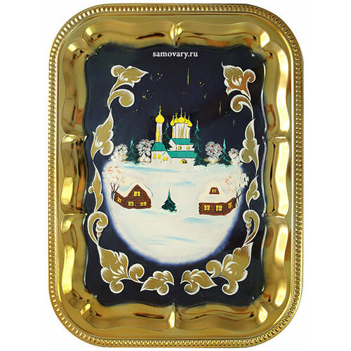 Поднос с художественной росписью Зимняя деревня прямоугольный 190800₽