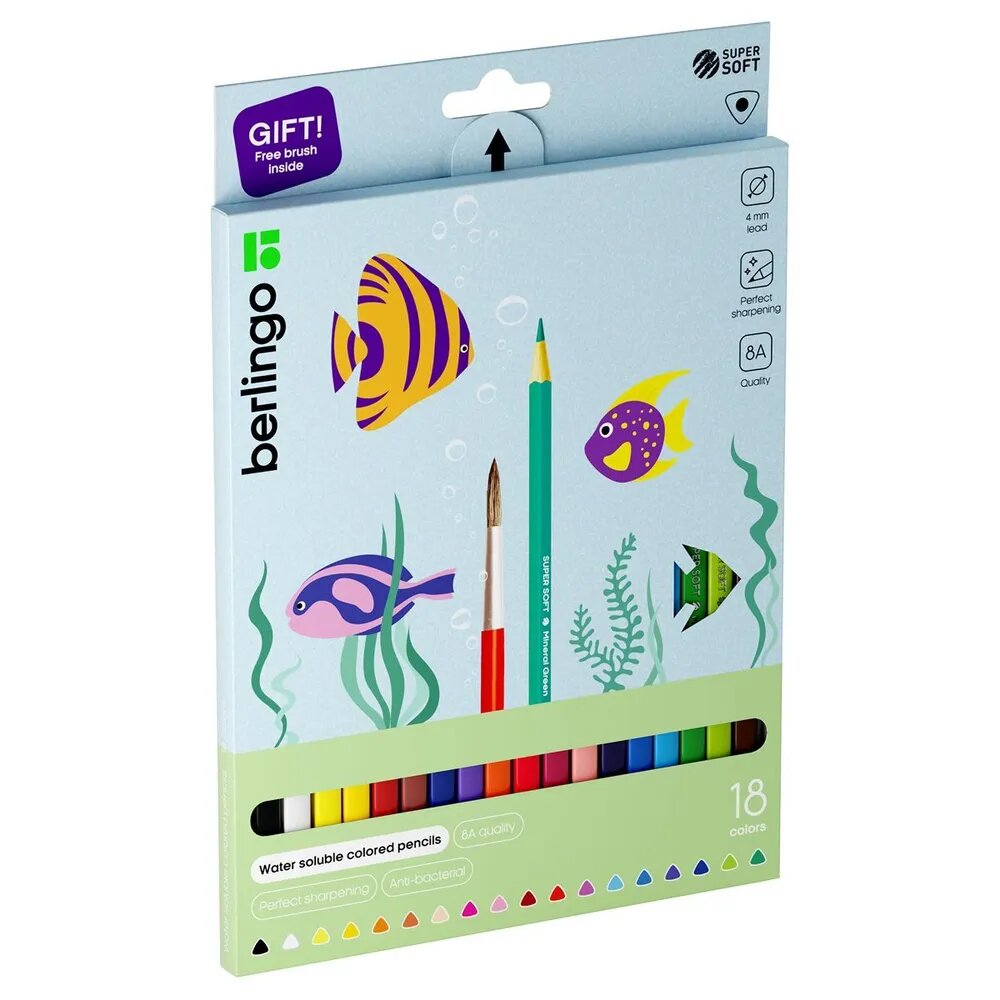 Цветные карандаши для школы акварельные 18 цветов, трехгранные / Набор цветных карандашей для рисования школьный Berlingo "SuperSoft. Рыбки"