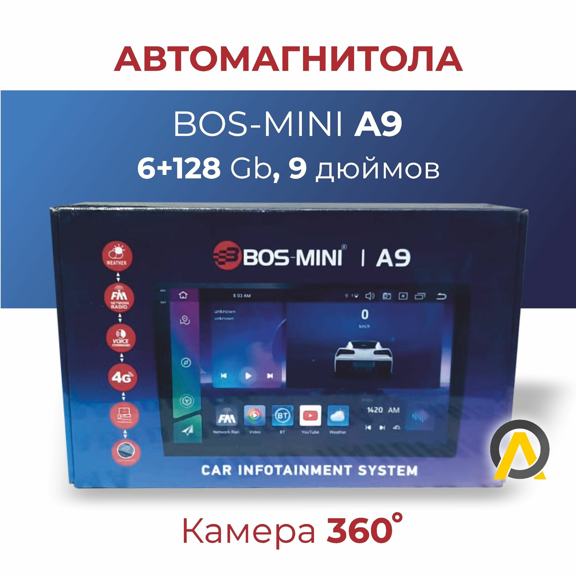 Автомагнитола BOS-MINI A9, 8 ядерный процессор, 2din (6+128 Gb, 9 дюймов)