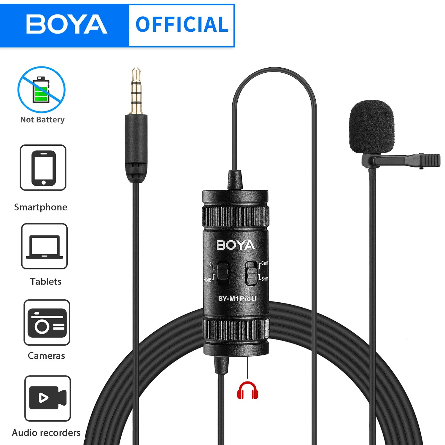 Петличный микрофон BOYA BY-M1 PRO II 3,5 мм для ноутбука, проводной микрофон для записи аудио, BY-M1 PRO II-FF01 — фото 1