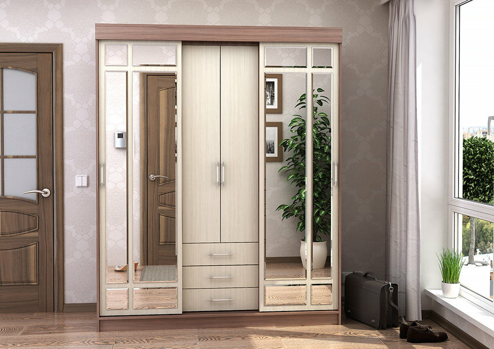 Шкаф-купе с зеркалом 4-х дверный с ящиками, цвет ясень, 170 х 61 х 220 см