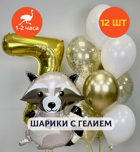 Изображение товара Воздушные шары с гелием, шары с днем рождения, набор шаров для мальчика "Милый енот и цифра на выбор", 12 шт.