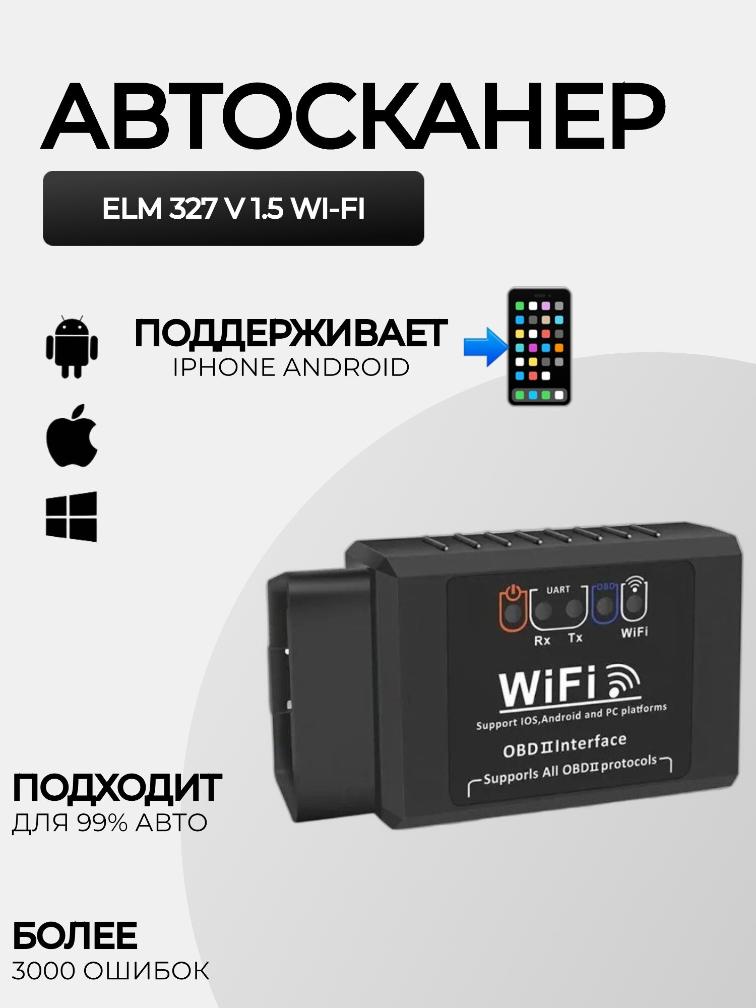 WiFi-OBD2 детектор неисправностей автомобиля для Android и iOS Elm327 V1.5