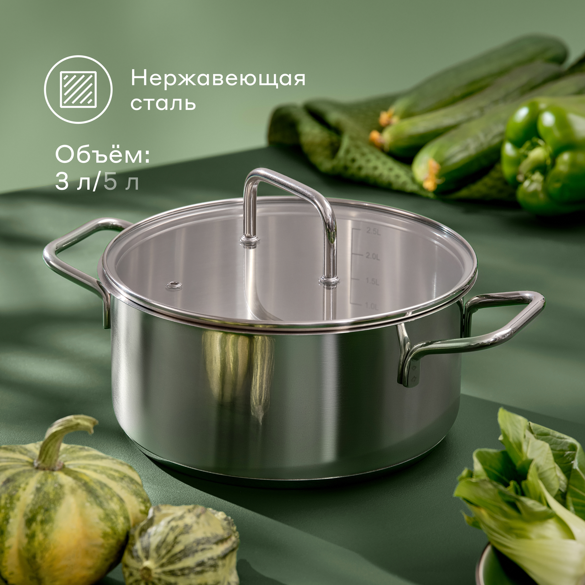 Кастрюля из нержавеющей стали Pragma Folag 3 л крышка в комплекте индукция