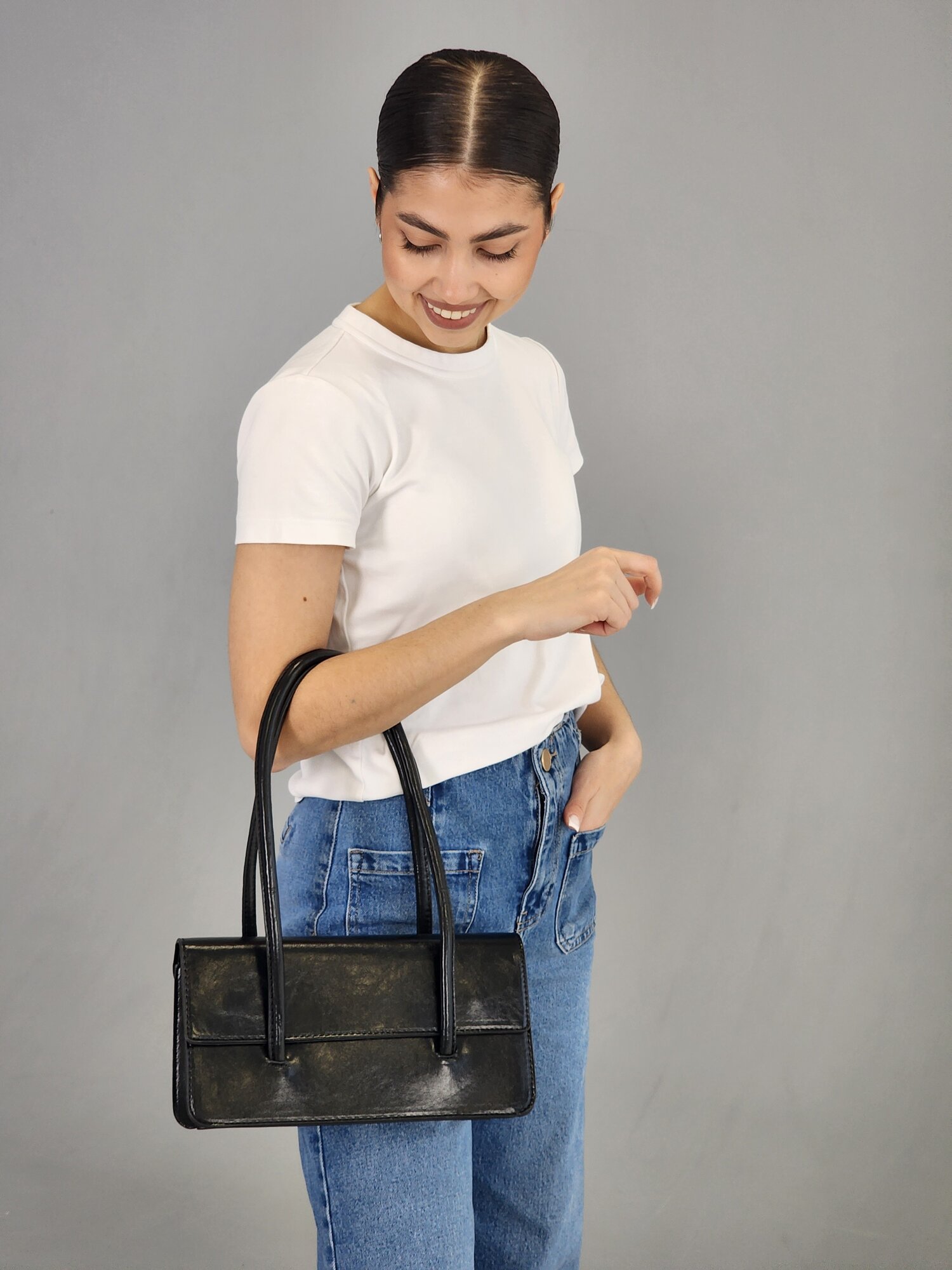 Сумка багет Evangelina May Сумка багет, фактура гладкая, черная — фото 1