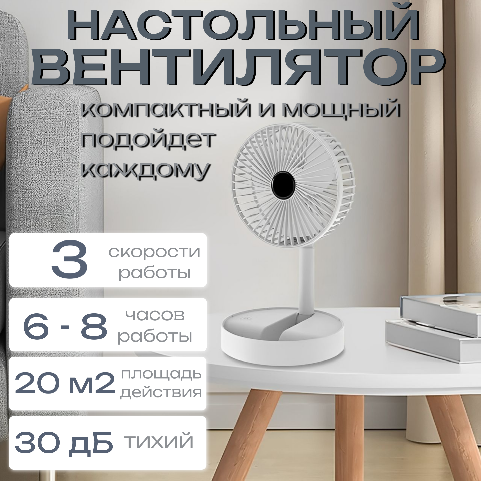 Вентилятор настольный бесшумный, складной, портативный , белый