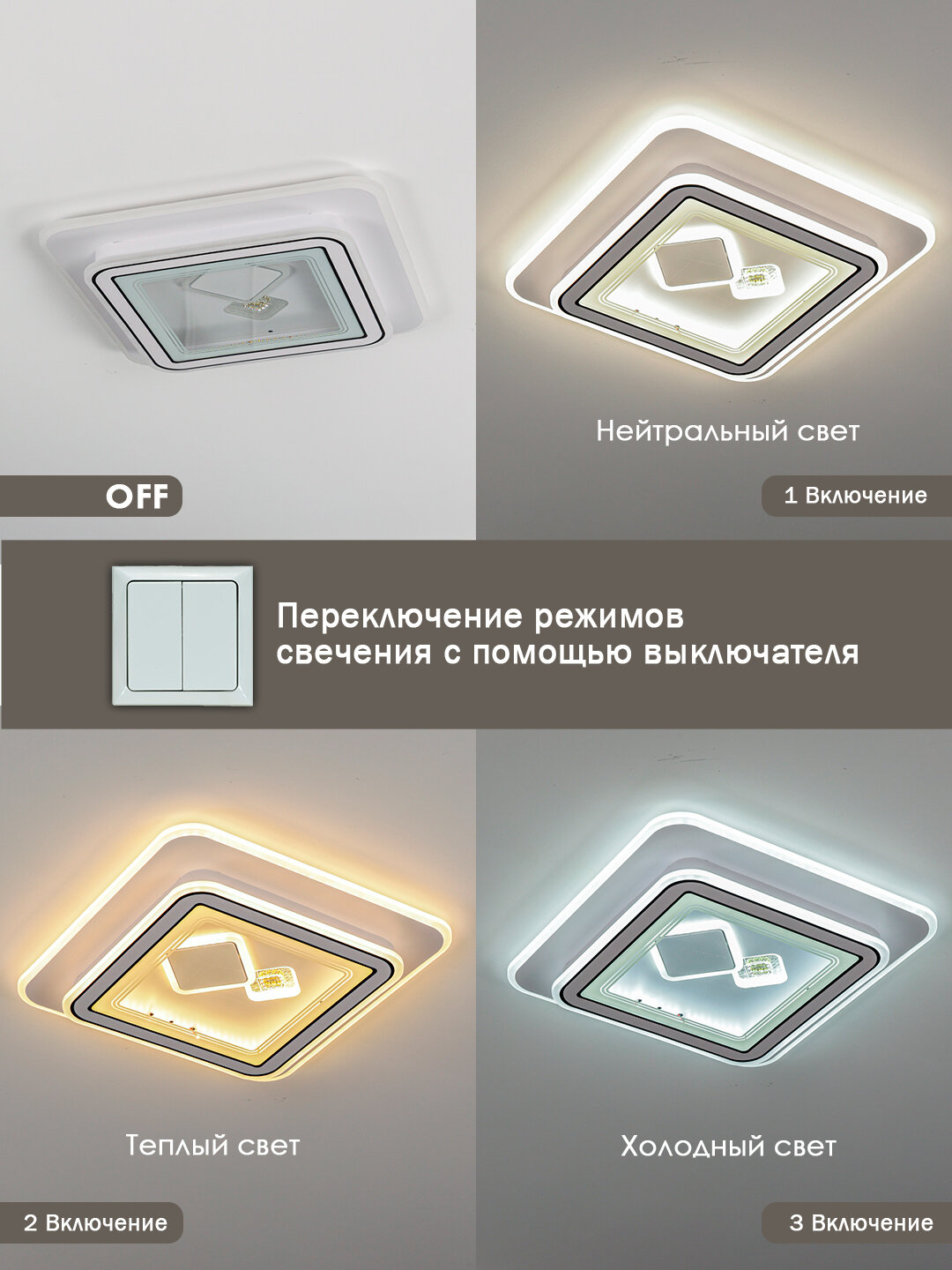 Люстра LED, 2 формы: круглая, квадратная, 3 режима освещения, для детской, спальни, кухни — фото 1