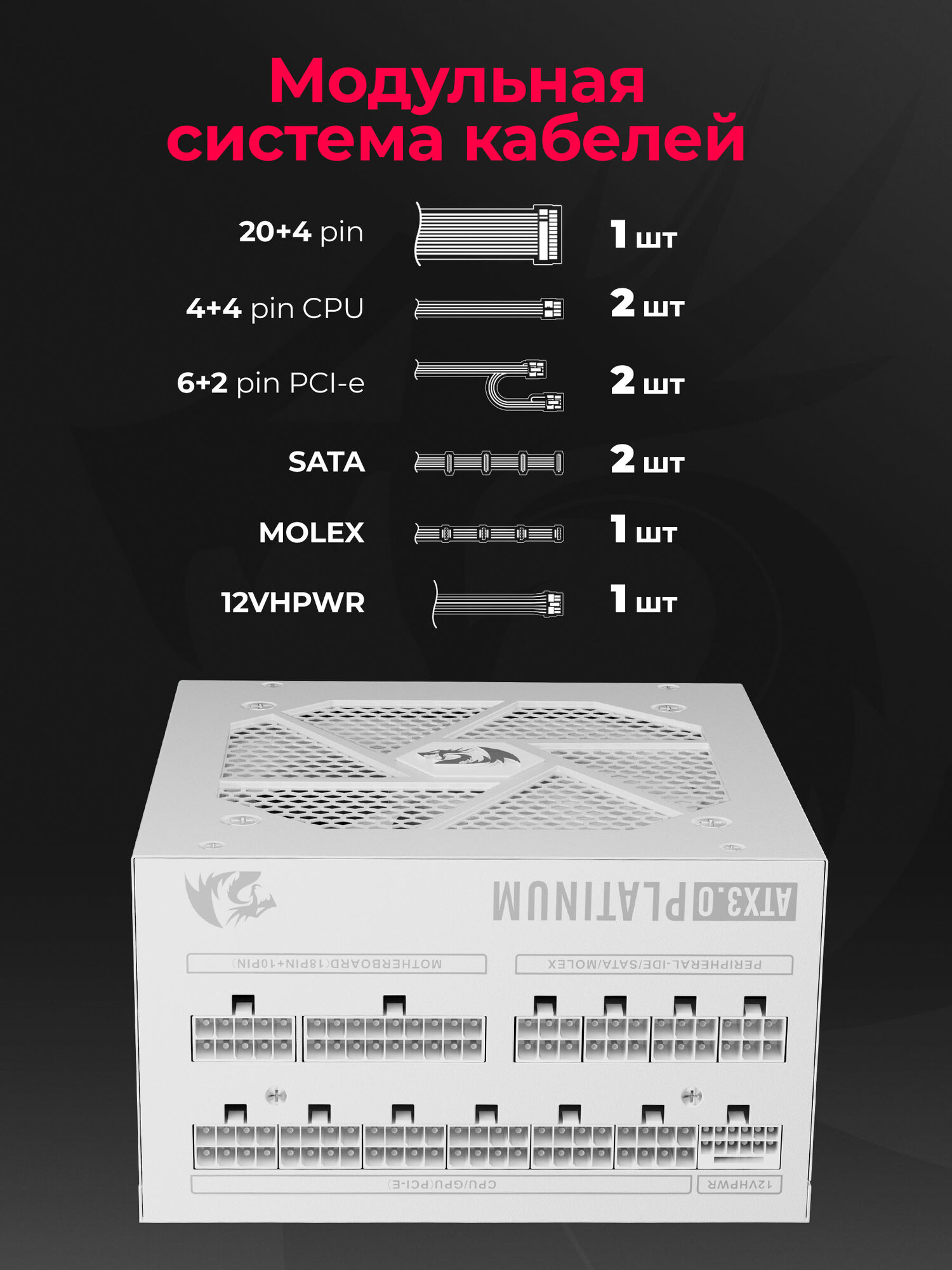 Блок питания RGPS-1300W, модульный, 80+ Plat, 1300 Вт, белый — фото 1