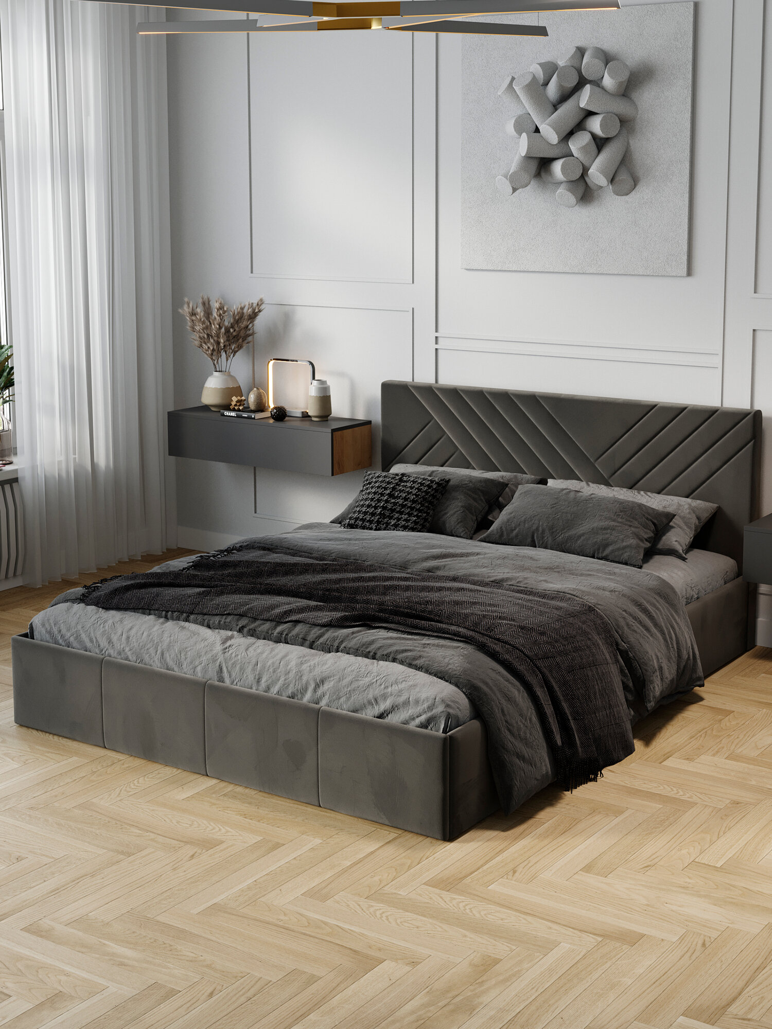 Кровать двуспальная FRENT 160х200 с подъемным механизмом, Дэлли, Велюр Confetti Stone