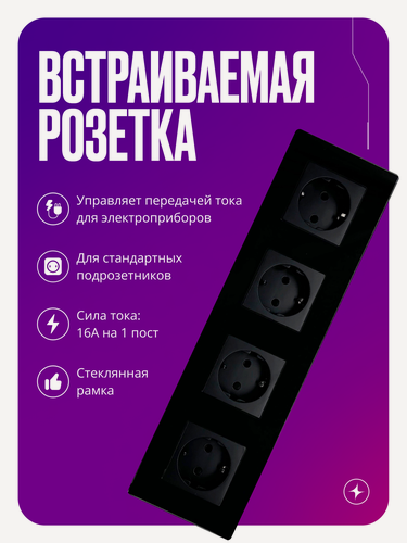Изображение товара Розетка четверная встраиваемая на 16 А, 4 поста, черная со стеклянной рамкой, заземлением и шторками
