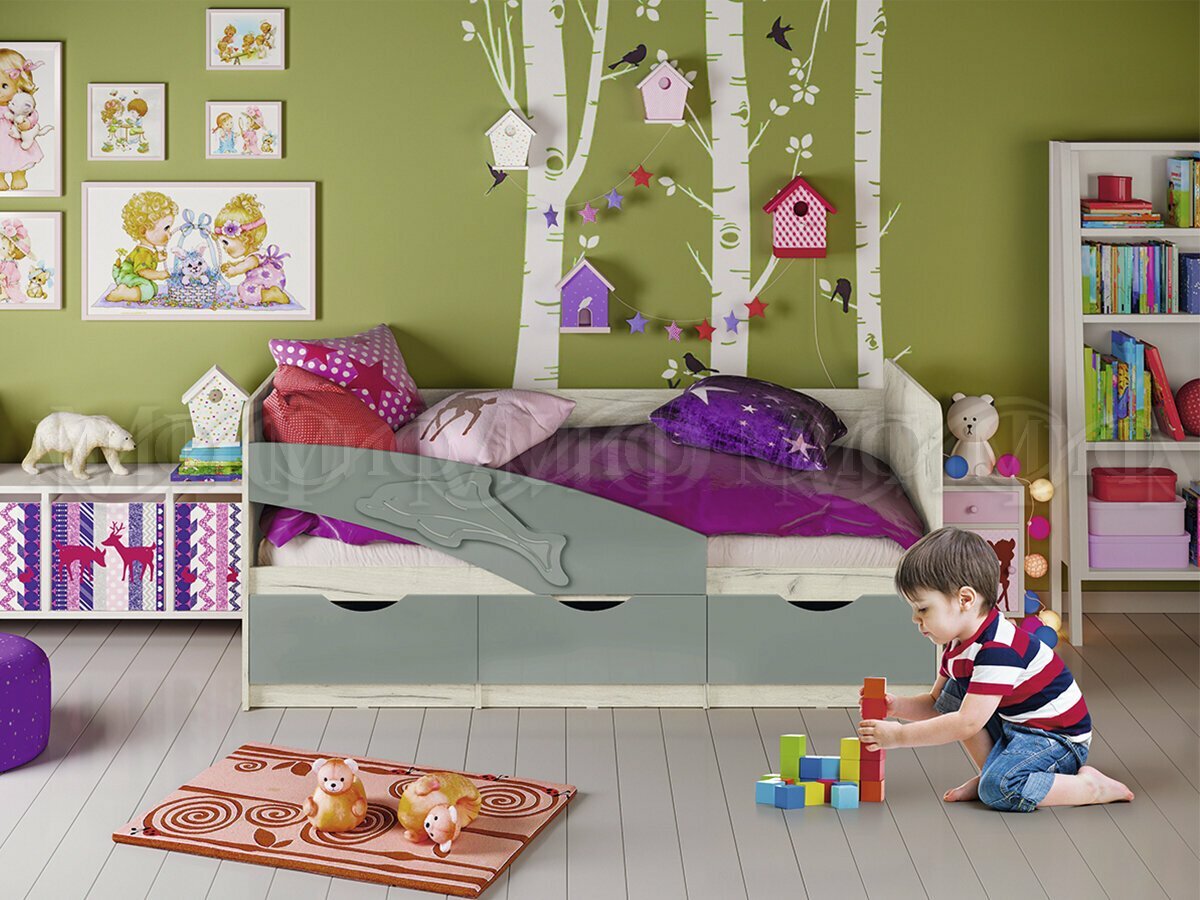 Кровать детская Дельфин 80х180 с 3 ящиками шарли бриз/дуб крафт белый